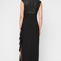Petite Long Sleeveless Empire Waist Dress with Corded Bodice and Cascade Detail Jersey Skirt