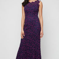 Petite Long Sleeveless Lace Mermaid Dress with Illusion Neckline and Scallop Detail