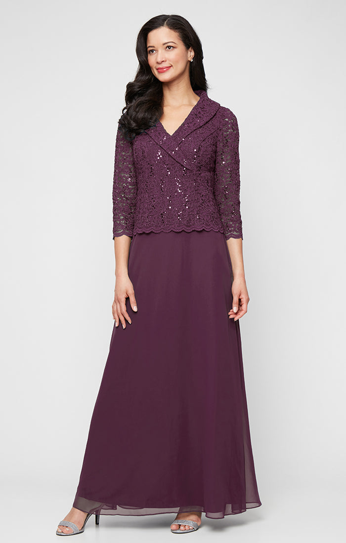 Long Stretch Lace Mock Dress with Portrait Collar Neckline and Chiffon Skirt