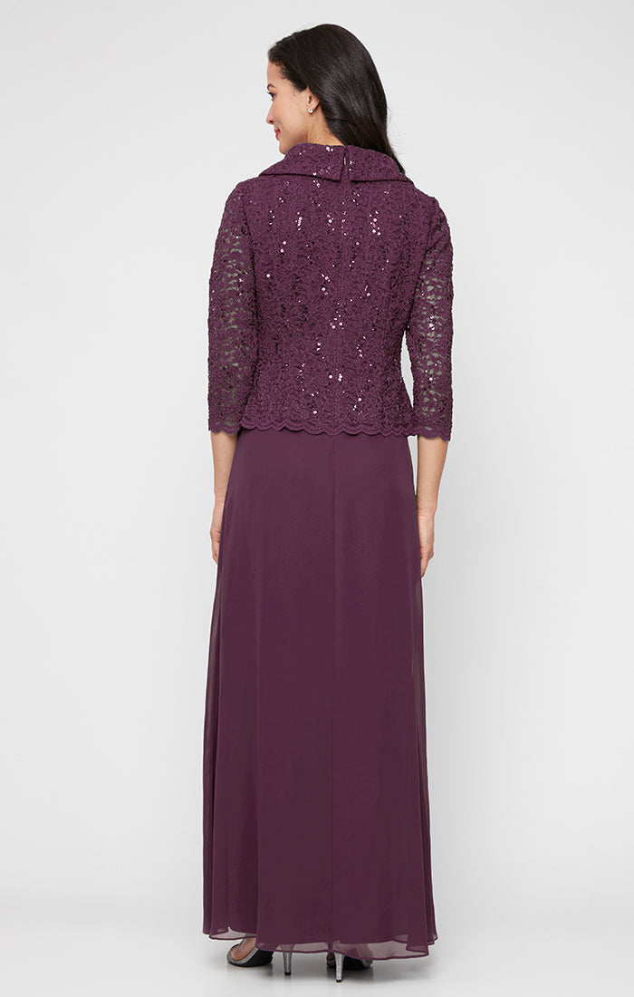 Long Stretch Lace Mock Dress with Portrait Collar Neckline and Chiffon Skirt
