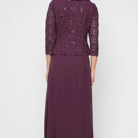 Petite Long Stretch Lace Mock Dress with Portrait Collar Neckline and Chiffon Skirt