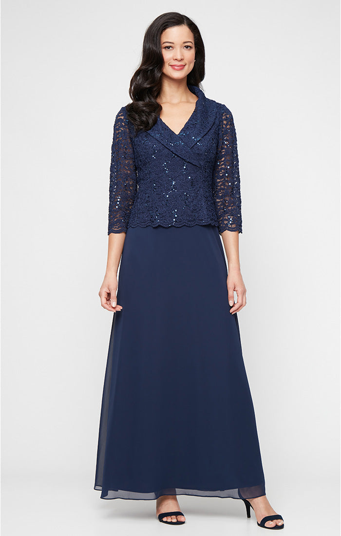 Long Stretch Lace Mock Dress with Portrait Collar Neckline and Chiffon Skirt