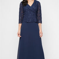 Petite Long Stretch Lace Mock Dress with Portrait Collar Neckline and Chiffon Skirt