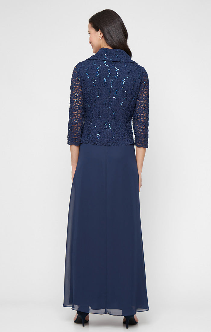 Long Stretch Lace Mock Dress with Portrait Collar Neckline and Chiffon Skirt