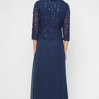 Long Stretch Lace Mock Dress with Portrait Collar Neckline and Chiffon Skirt