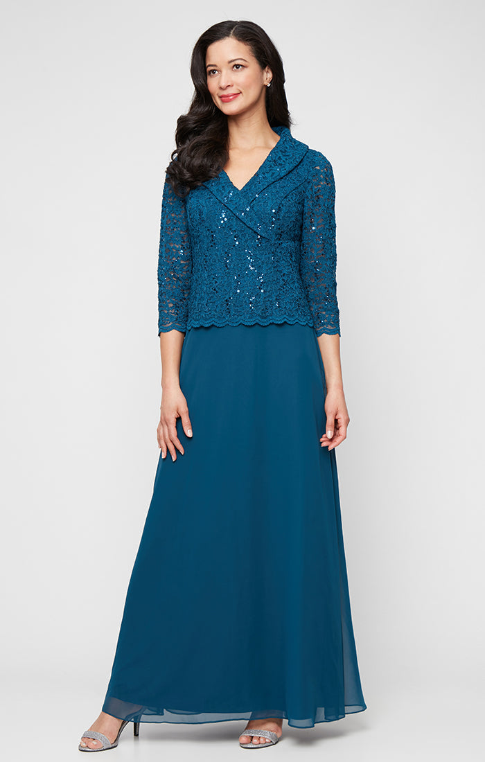 Petite Long Stretch Lace Mock Dress with Portrait Collar Neckline and Chiffon Skirt