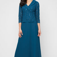 Long Stretch Lace Mock Dress with Portrait Collar Neckline and Chiffon Skirt