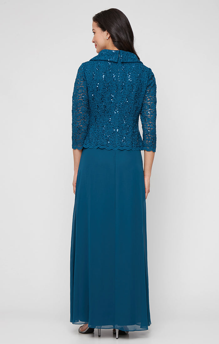 Petite Long Stretch Lace Mock Dress with Portrait Collar Neckline and Chiffon Skirt