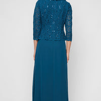 Long Stretch Lace Mock Dress with Portrait Collar Neckline and Chiffon Skirt