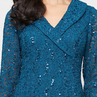 Petite Long Stretch Lace Mock Dress with Portrait Collar Neckline and Chiffon Skirt