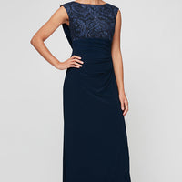Empire Waist Dress with Matte Jersey Body and Cowl Back Detail with an Embroidered Sequin Lace Bodice