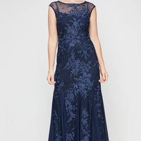 Long Cap Sleeve Embroidered Dress With Illusion Neckline and Godet Detail Skirt
