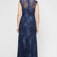 Petite - Embroidered Gown with Illusion Neckline & Godet Detail Skirt