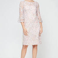Short Embroidered Sequin Lace Sheath Dress with Illusion Neckline, 3/4 Bell Sleeves