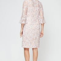 Short Embroidered Sequin Lace Sheath Dress with Illusion Neckline, 3/4 Bell Sleeves