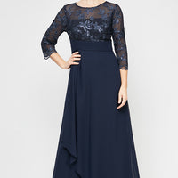 Long 3/4 Sleeve Gown with Embroidered Bodice, Pleated Waist and Asymmetric Cascade Skirt