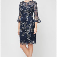 Petite - Embroidered Sheath Cocktail Dress with Illusion Neckline & Bell Sleeves
