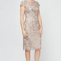 Petite Embroidered Sheath Dress with Illusion Neckline and Cap Sleeves