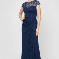 Long Cascade Detail Dress with Embroidered Illusion Neckline and Cap Sleeves