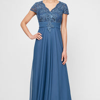 Plus Long Surplice Neckline A-Line Dress with Embroidered Pleated Waist and Scallop Detail