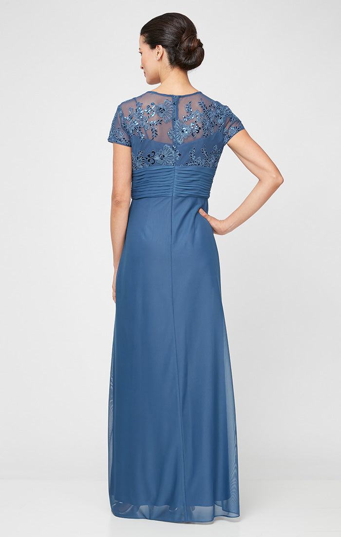 Petite Long Surplice Neckline A-Line Dress with Embroidered Pleated Waist and Scallop Detail