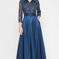 Long A-Line Stretch Tulle Dress with Embroidered Bodice, Illusion Sleeves and Structured Belt