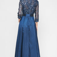Long A-Line Stretch Tulle Dress with Embroidered Bodice, Illusion Sleeves and Structured Belt
