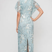 Long V-Neck Embroidered Dress with Kimono Inset Sleeve