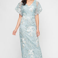 Long V-Neck Embroidered Dress with Kimono Inset Sleeve