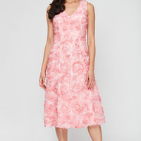 Sleeveless Midi Tulle Rosette A-Line Dress Dress with V-Neckline