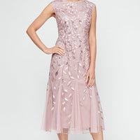 Plus - Midi Embroidered Dress with Illusion Neckline and Godet Detail Skirt
