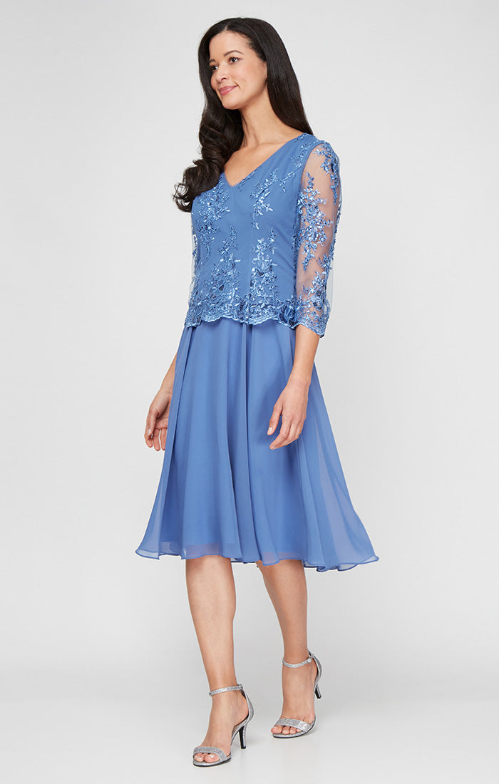 Midi Embroidered Mock Dress with V-Neckline, Illusion Sleeves and Full Chiffon Skirt