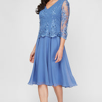 Midi Embroidered Mock Dress with V-Neckline, Illusion Sleeves and Full Chiffon Skirt