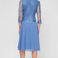 Petite Midi Embroidered Mock Dress with V-Neckline, Illusion Sleeves and Full Chiffon Skirt