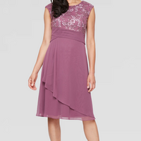 Petite Midi Embroidered Empire Waist Dress with V-Neckline, Ruched Waist, Mesh Skirt and Cap Sleeves