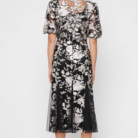 Midi Embroidered Jacket Dress with Square Neckline, Godet Detail Skirt and Elbow Sleeve Jacket