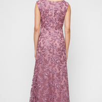 Long Sleeveless Embroidered A-Line Dress with Scallop Detail V-Neckline