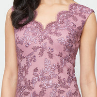 Long Sleeveless Embroidered A-Line Dress with Scallop Detail V-Neckline