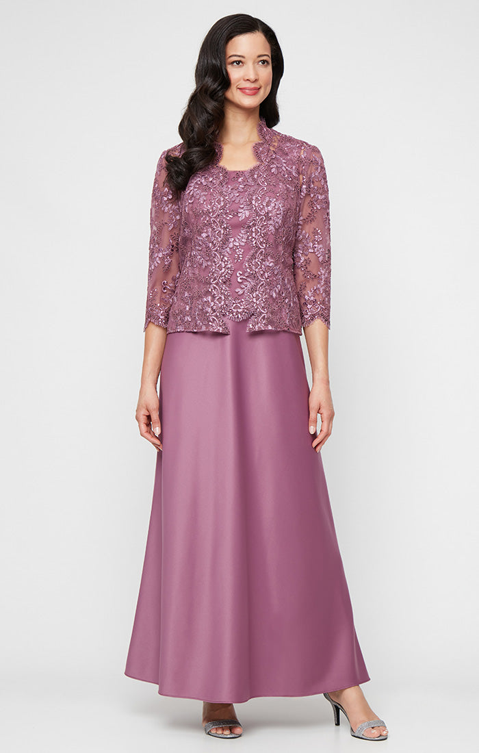Long Embroidered Tulle Mock Jacket Dress with Open Scallop Detail Jacket and Satin Skirt