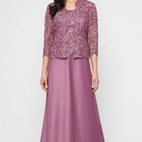 Plus Long Embroidered Tulle Mock Jacket Dress with Open Scallop Detail Jacket and Satin Skirt