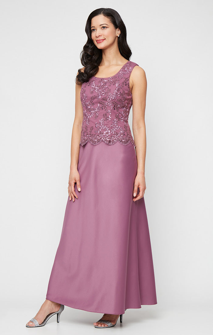Long Embroidered Tulle Mock Jacket Dress with Open Scallop Detail Jacket and Satin Skirt