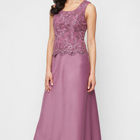 Petite Long Embroidered Tulle Mock Jacket Dress with Open Scallop Detail Jacket and Satin Skirt