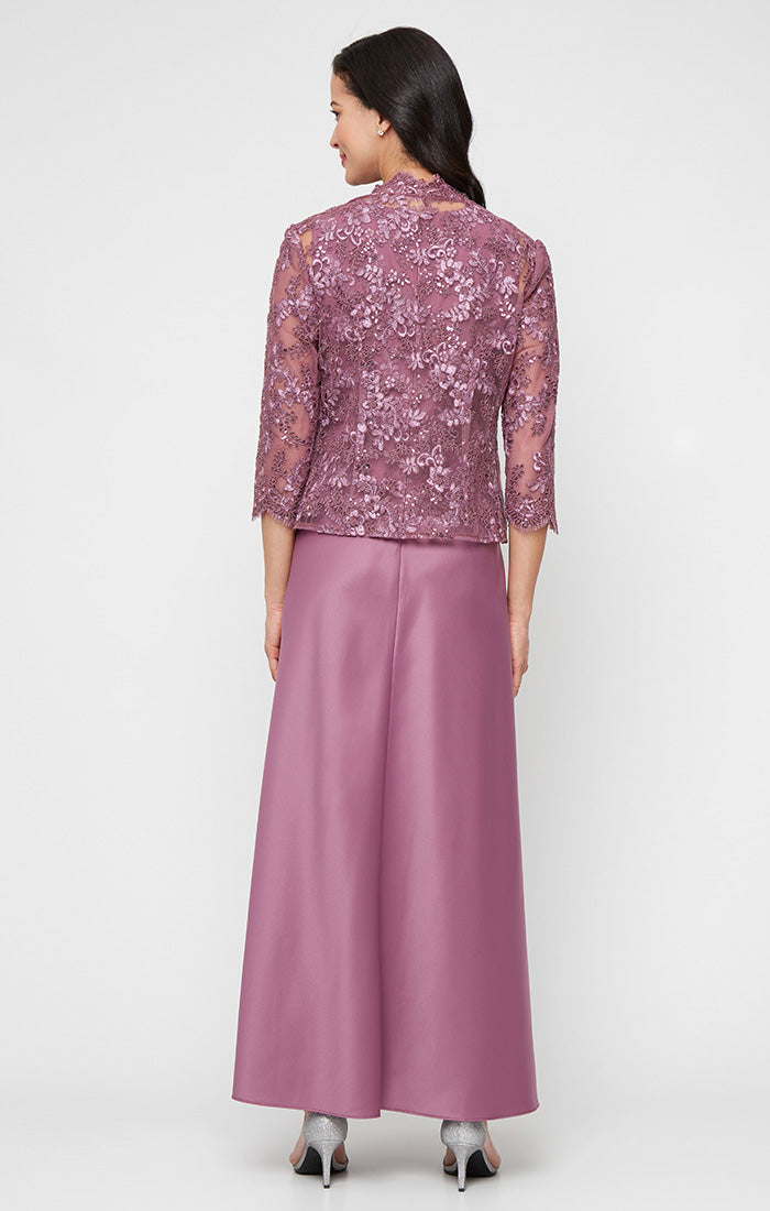 Petite Long Embroidered Tulle Mock Jacket Dress with Open Scallop Detail Jacket and Satin Skirt