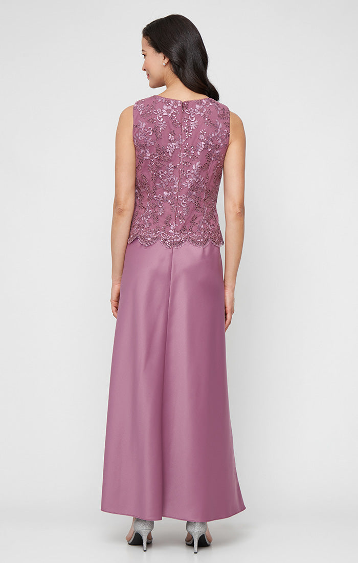 Petite Long Embroidered Tulle Mock Jacket Dress with Open Scallop Detail Jacket and Satin Skirt