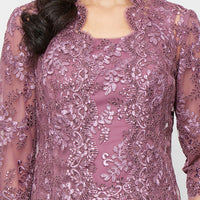 Petite Long Embroidered Tulle Mock Jacket Dress with Open Scallop Detail Jacket and Satin Skirt