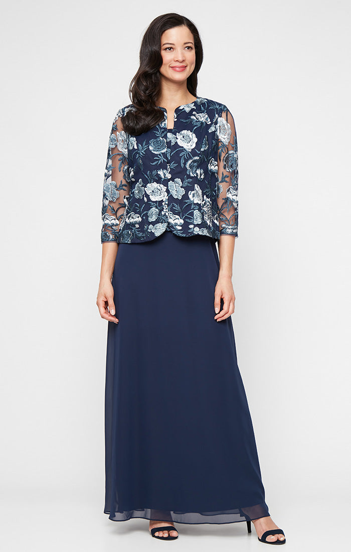Long Embroidered Tulle Mock Jacket Dress with Scoop Neckline and Chiffon Skirt