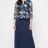 Petite Long Embroidered Tulle Mock Jacket Dress with Scoop Neckline and Chiffon Skirt