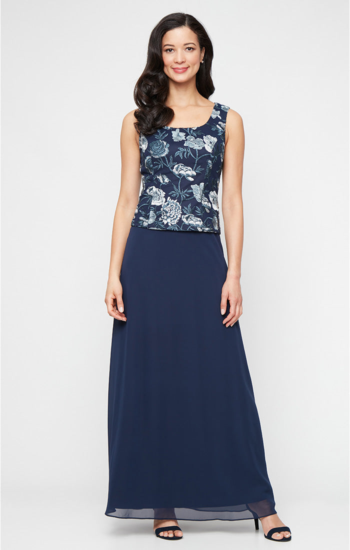 Long Embroidered Tulle Mock Jacket Dress with Scoop Neckline and Chiffon Skirt