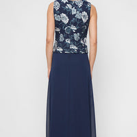 Long Embroidered Tulle Mock Jacket Dress with Scoop Neckline and Chiffon Skirt