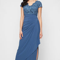 Long Embroidered Tulle Empire Waist Dress with Jersey Cascade Overlay Skirt